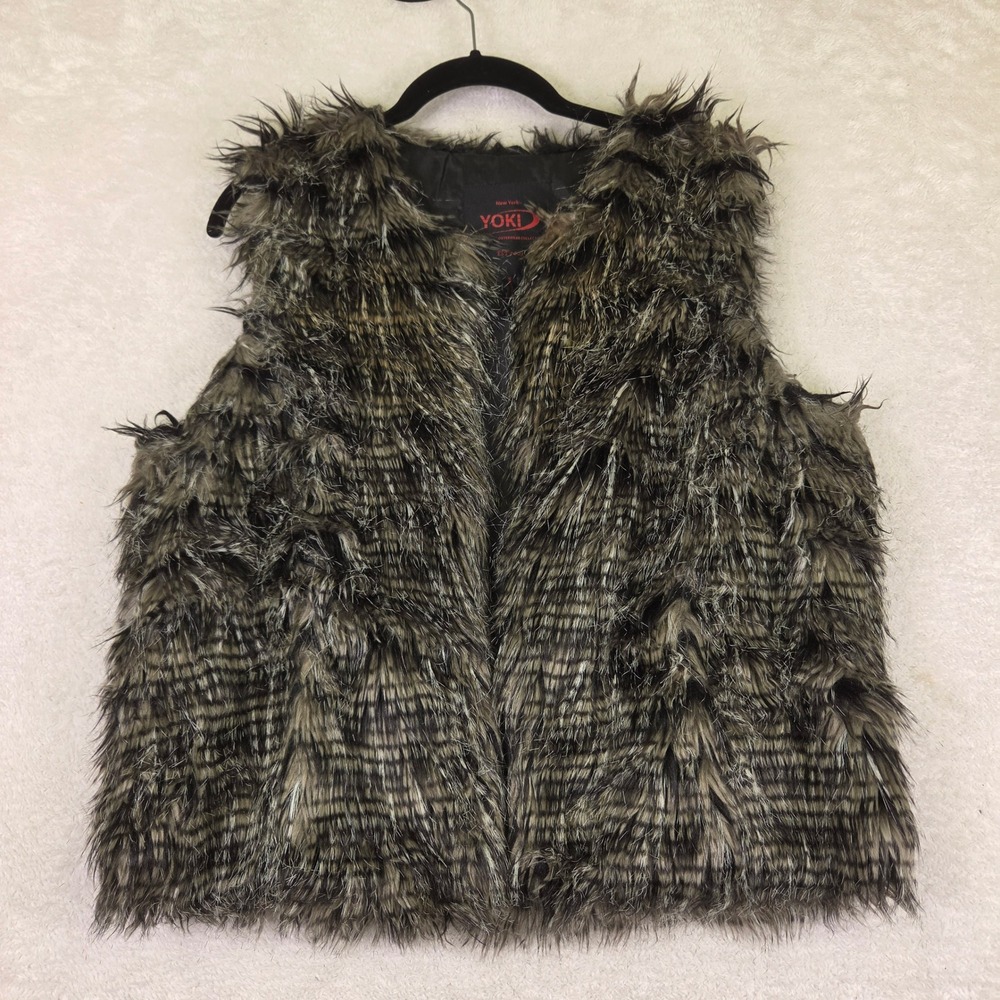 Yoki New York Faux Fur Vest Grey Black Shaggy Sleeveless Open Front Large